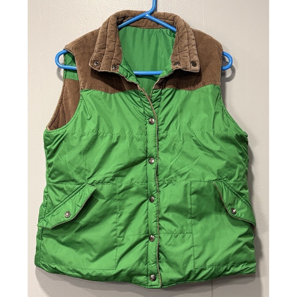 Outer Edge Puffer Vest Zip and Button Front Pockets Sleeveless Brown Green L